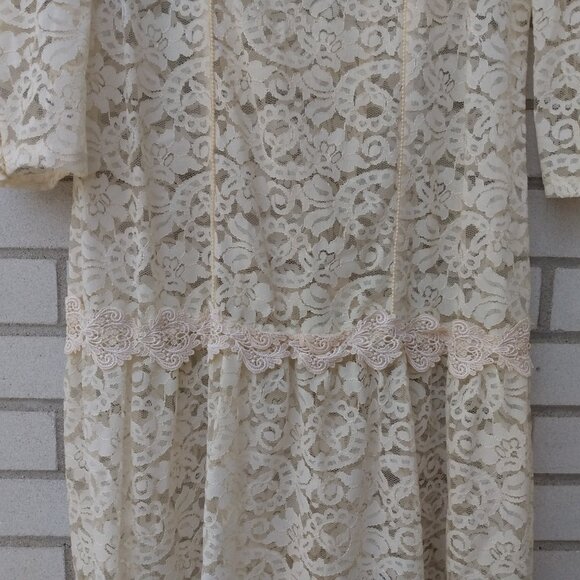 Vintage Ivory Sheer Lace Dress by Holt Renfrew Long Sleeves Drop Waist 37"B 34"W - Picture 4 of 13
